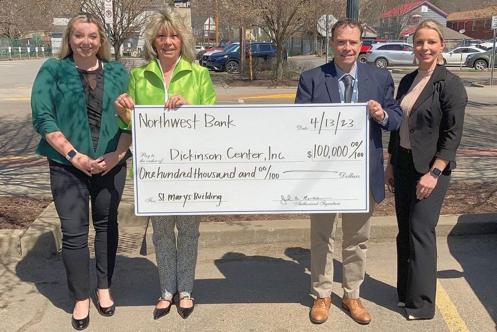 Pictured from the left: Angel Fritz, Northwest Bank Branch Manager & Small Business Lender in St. Marys; Julie Marasco, Northwest Bank PA Region President; Jim Prosper, Dickinson Center, Inc. Executive Director; and Tana Smith, Journey Health System Director of Institutional Advancement.